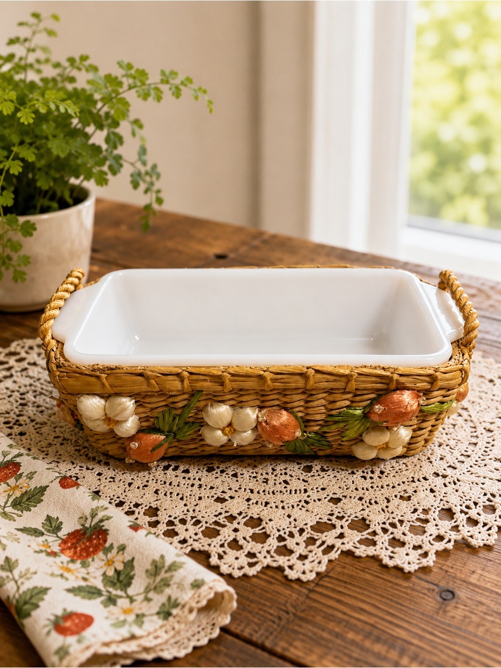 Vintage Fire-King 409 Peach Lustre Baking Dish Handmade Strawberry Basket
